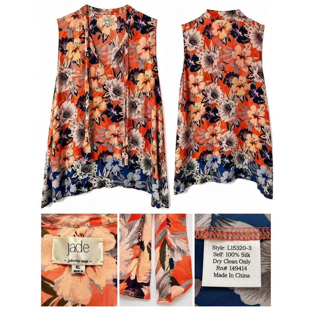 Jade by Johnny Was Ileana Silk Floral Tie-Front Tunic Top XL Transition Fall